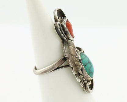 Navajo Handmade Ring 925 Silver Turquiose & Coral Native American Artist C.80's