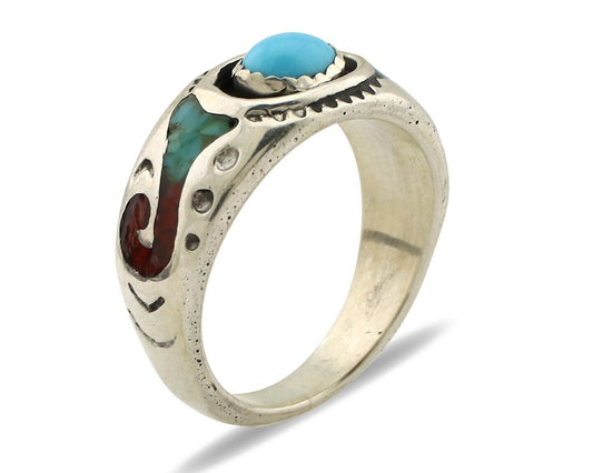 Navajo Handmade Ring 925 Silver Blue Turquoise & Coral Native American C.80's