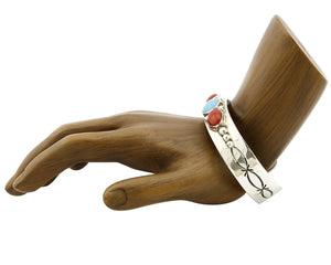 Navajo Bracelet .925 Silver Coral Turquoise Cuff Signed L. James C.80's