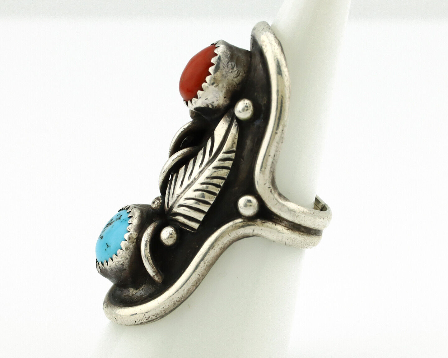 Navajo Ring 925 Silver Turquoise & Coral Artist Signed Benson Boyd C.80's