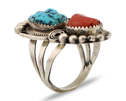 Navajo Ring 925 Silver Blue Turquiose & Coral Artist Signed Justin Morris C.80's