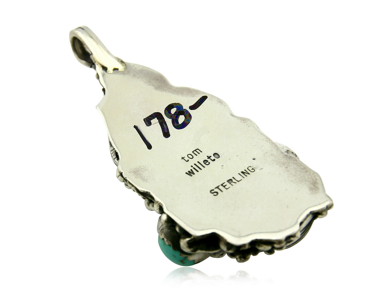 Navajo Pendant .925 Silver Bisbee Turquoise Signed Tom Willeto C.80's