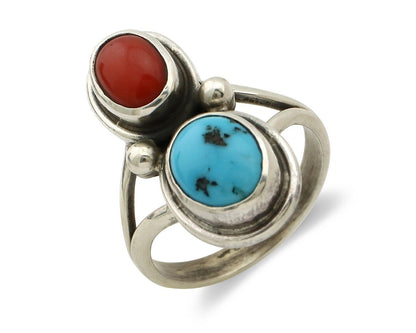 Navajo Inlay Band Ring 925 Silver Turquoise & Coral Native Artist C.80's