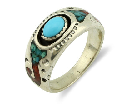 Navajo Handmade Ring 925 Silver Blue Turquoise & Coral Native American C.80's