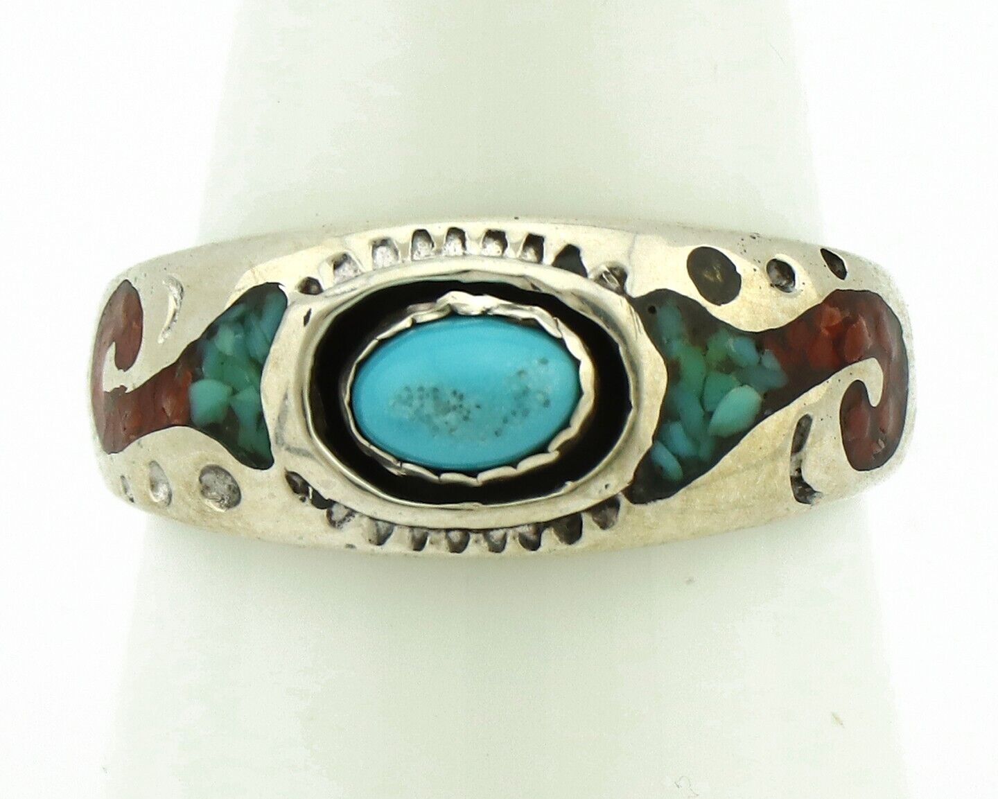 Navajo Handmade Ring 925 Silver Blue Turquoise & Coral Native American C.80's