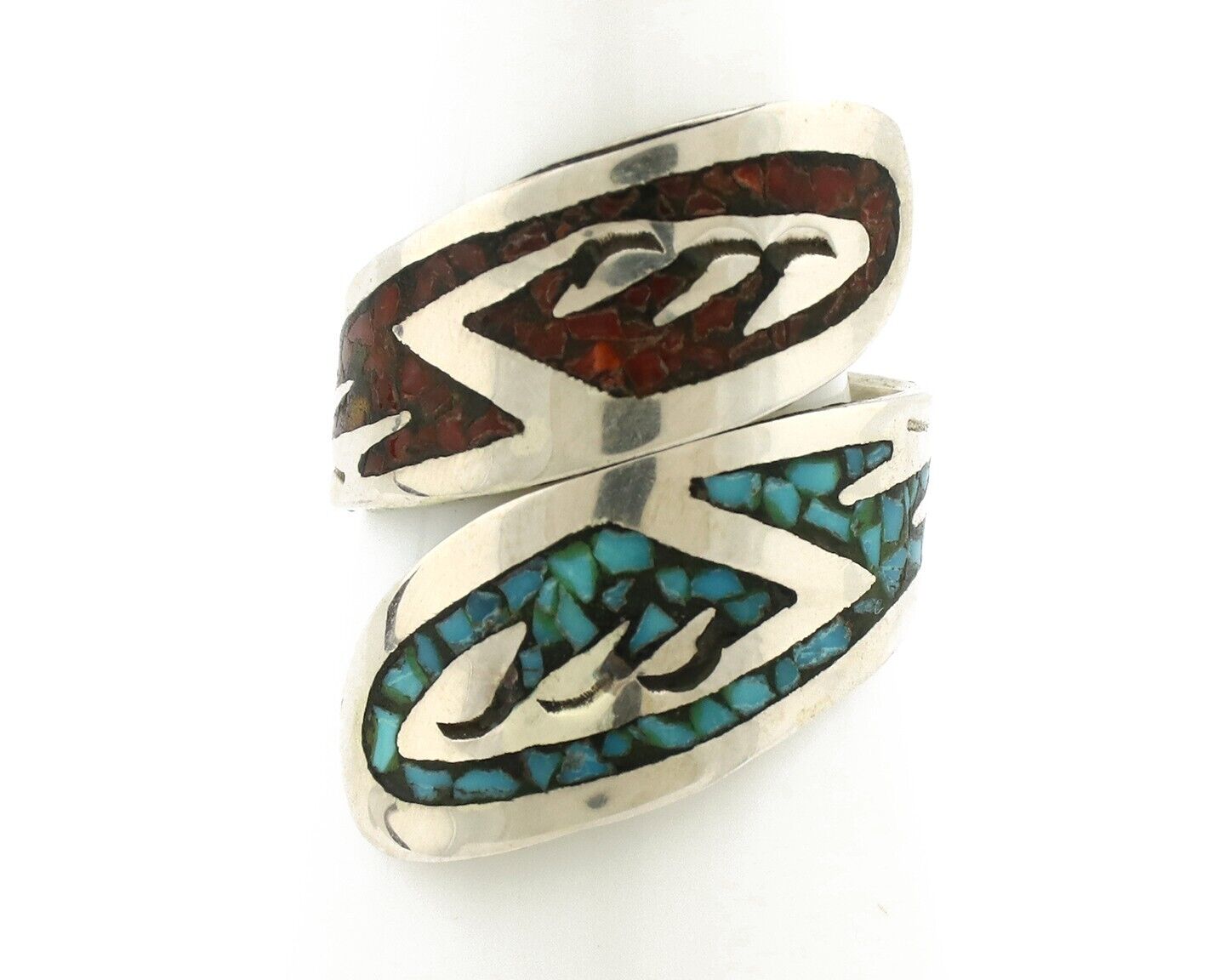 Navajo Chip Inlay Ring 925 Silver Turquoise & Coral Artist Native Artist C.80's