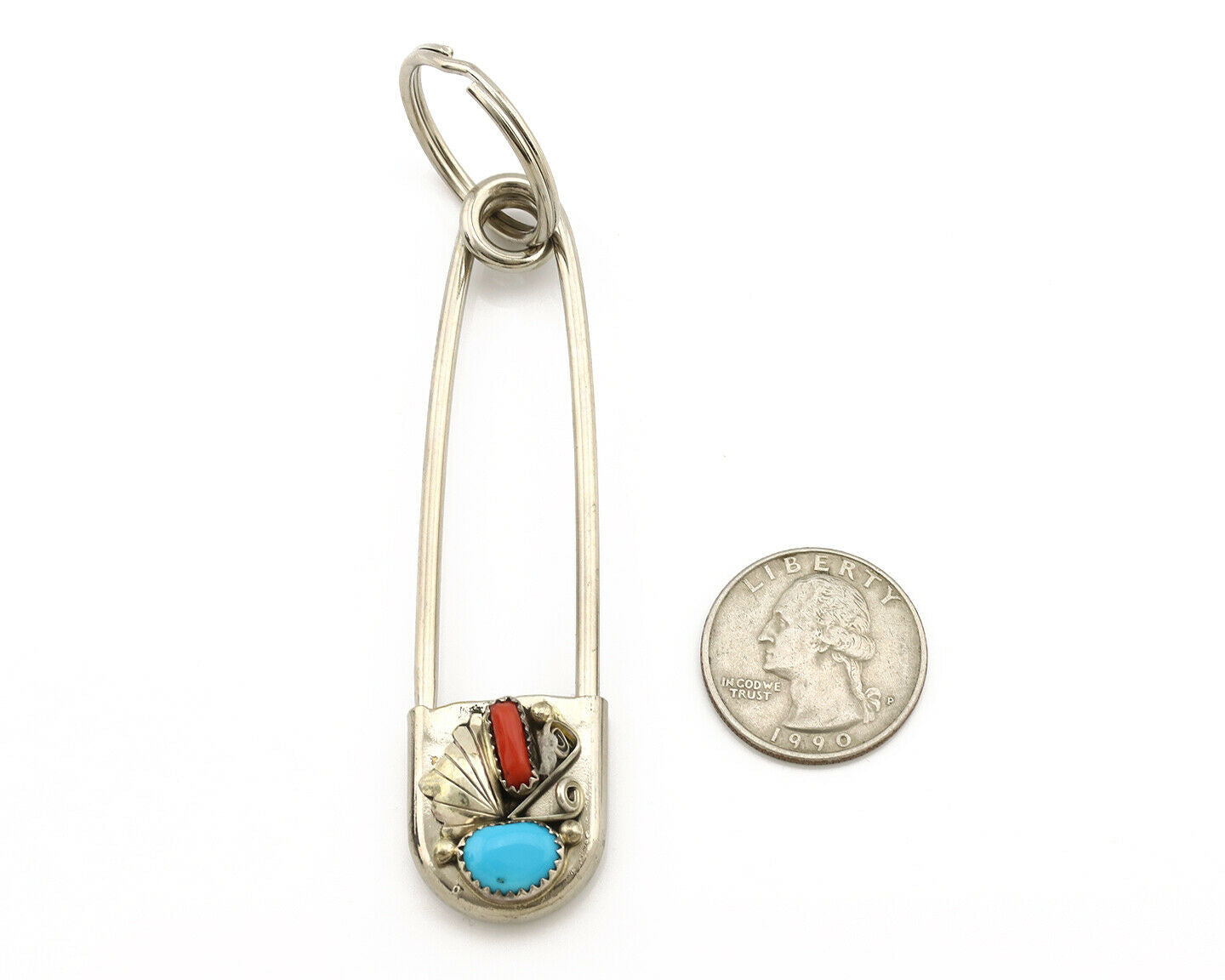 Navajo Handmade Key Chain .925 Silver Blue Turquoise & Coral Native Artist C80s