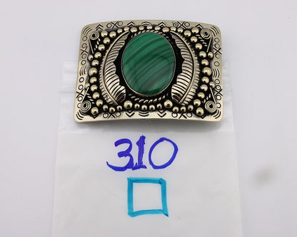 Men Navajo Belt Buckle 999 Nickel Malachite Artist Signed Teepee Handmade C80s