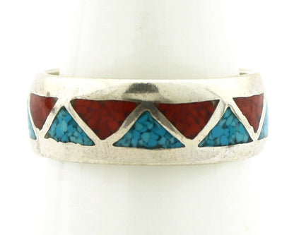 Navajo Chip Inlay Ring 925 Silver Sleeping Beauty Turquoise & Coral Silver Cloud