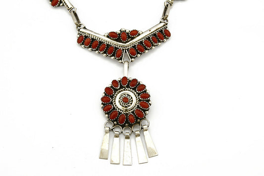 Women's Navajo Necklace .925 Silver Red Coral Handmade Signed NH 19 in Length