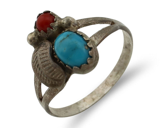 Navajo Handmade Ring 925 Silver Turquiose & Coral Native American Artist C.80's