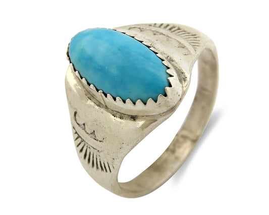 Zuni Ring .925 Silver Kingman Turquoise Hand Stamped Native American C.80's