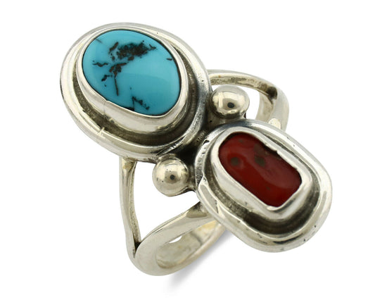 Navajo Ring .925 Silver Red Coral & Blue Turquoise Native Artist C.80's