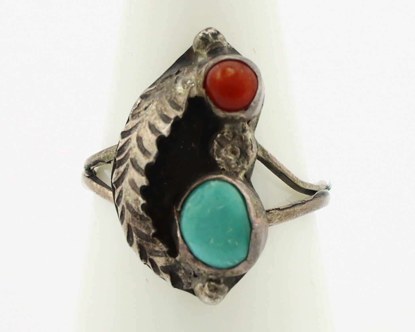 Navajo Handmade Ring 925 Silver Turquiose & Coral Native American Artist C.80's