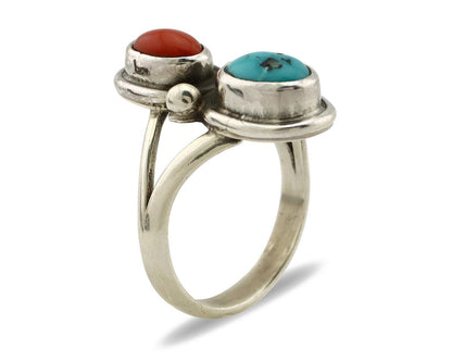 Navajo Handmade Ring 925 Silver Coral & Turquoise Native American Artist C.80's