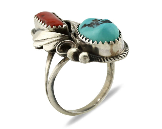 Navajo Ring .925 Silver Turquoise & Coral Artist Signed J Morris C.80's