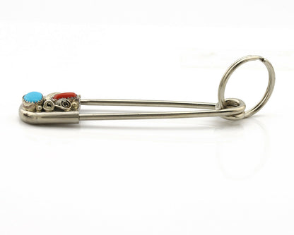 Navajo Handmade Key Chain .925 Silver Blue Turquoise & Coral Native Artist C80s