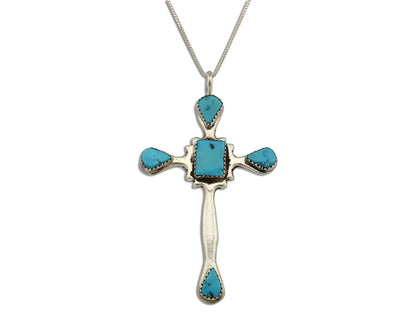 Navajo Cross Necklace 925 Silver Sleeping Beauty Turquoise Native Artist C.80's