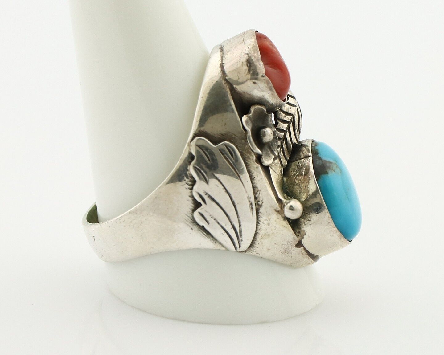 Navajo Ring 925 Silver Blue Turquiose & Mediterranean Coral Native Artist C.80's