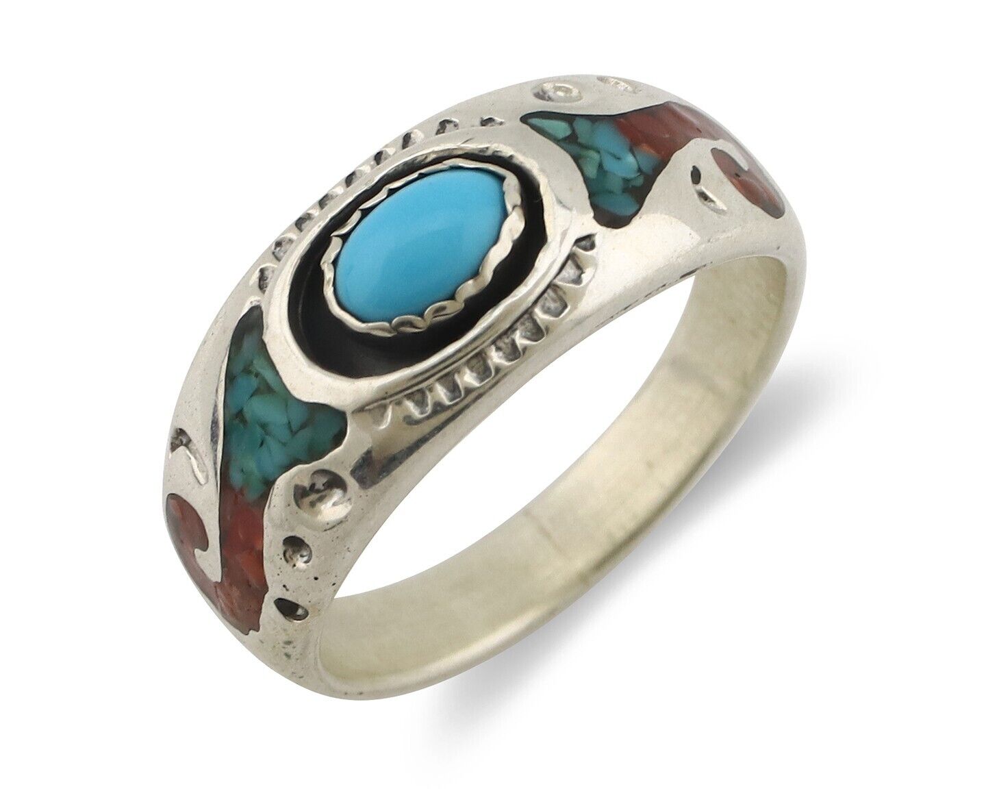 Navajo Handmade Ring 925 Silver Blue Turquoise & Coral Native American Artist