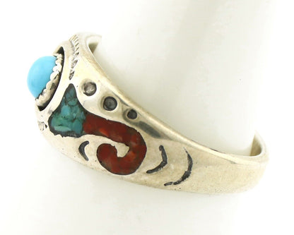 Navajo Inlay Band Ring 925 Silver Turquoise & Coral Native Artist C.80's