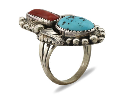 Navajo Ring 925 Silver Blue Turquoise & Coral Signed Stanley Bain C.80's