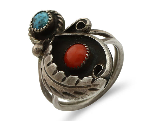 Navajo Handmade Ring 925 Silver Turquiose & Coral Native American Artist C.80's