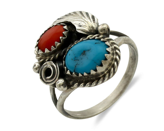 Navajo Ring .925 Silver Turquoise & Coral Artist Signed J Morris C.80's