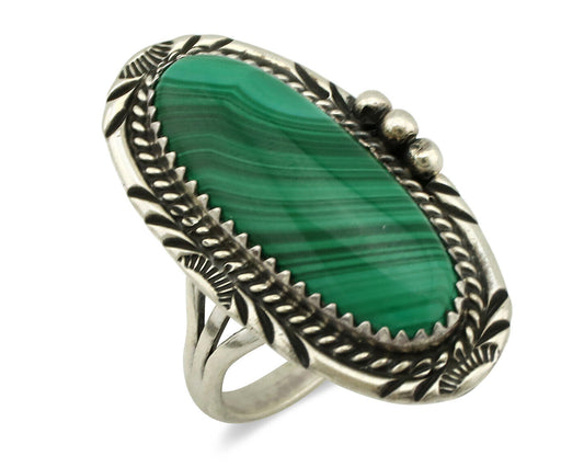 Navajo Ring 925 Silver Natural Green Malachite Signed William Denetdale C.80's