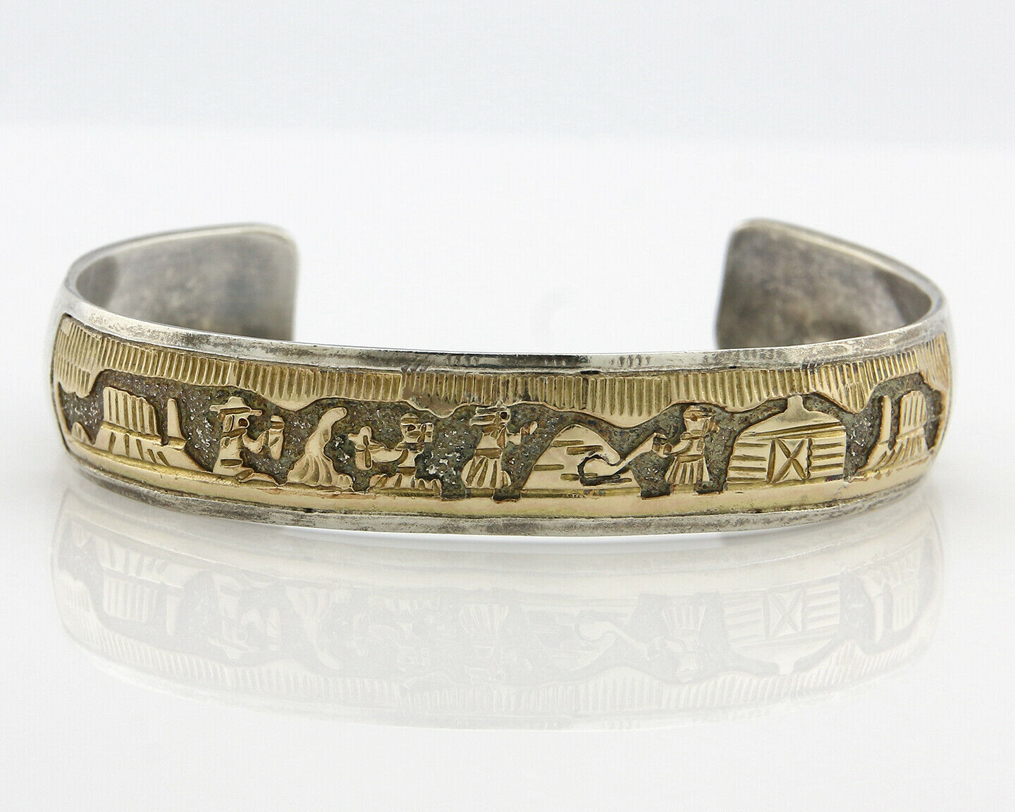 Navajo Pictograph Bracelet .925 Silver & 12k Gold Filled Artist T & SK C.80's