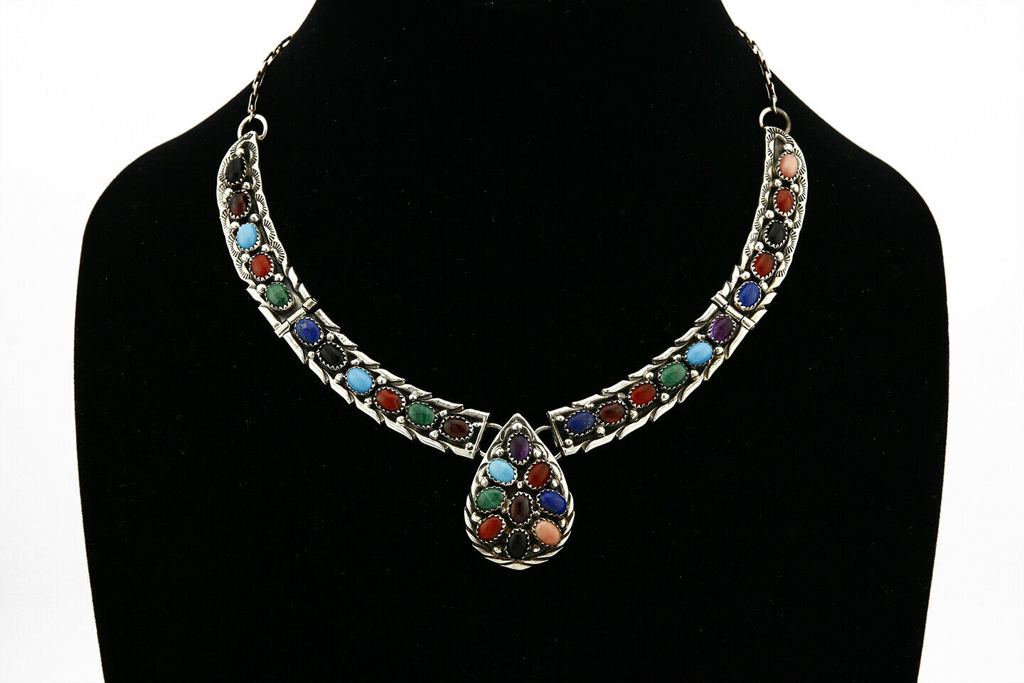 VTG UNWORN Navajo Fred Adaki .925 Silver Natural Gemstone Necklace