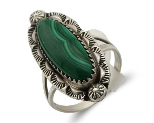 Navajo Ring .925 Silver Malachite Hand Stamped Signed Herman Lee C.80's