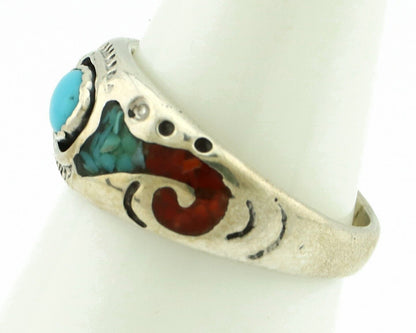 Navajo Handmade Ring 925 Silver Blue Turquoise & Coral Native American C.80's