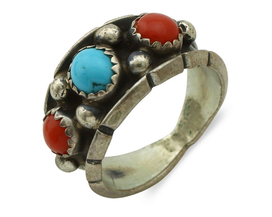 Zuni Ring .925 Silver Turquoise & Coral Artist Signed Milton Lasiloo C.80's