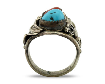 Navajo Ring 925 Silver Blue Turquiose & Coral Artist Signed PR C.80's