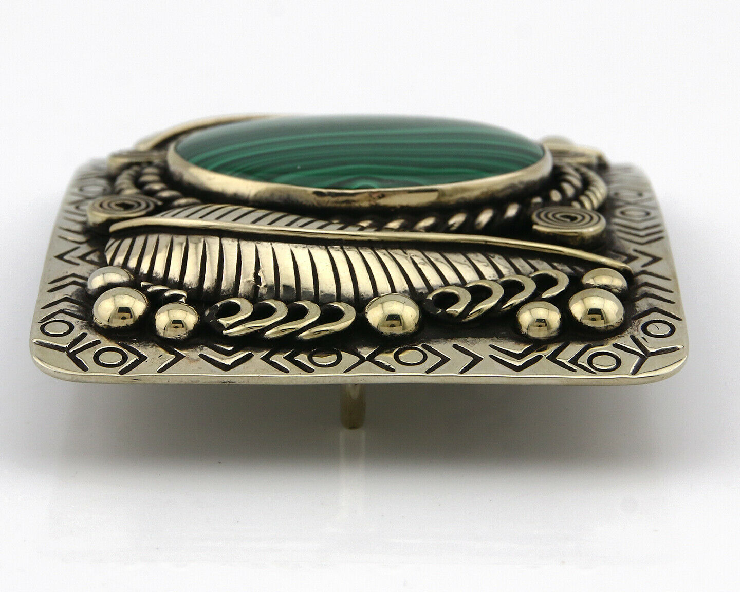 Navajo Handmade Belt Buckle .999 Nickle Silver Malachite Artist Signed Tipi C80s