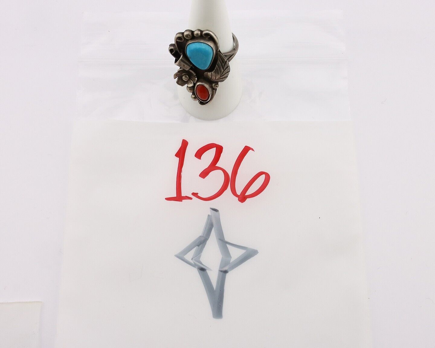 Navajo Handmade Ring 925 Silver Turquiose & Coral Artist Signed WJ C.80's