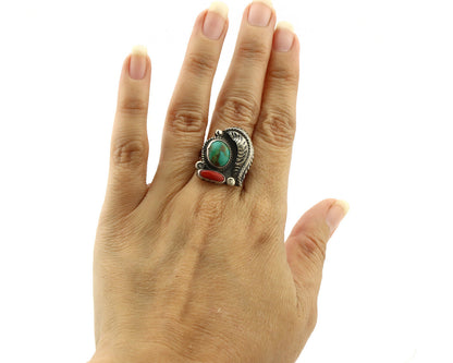 Navajo Ring 925 Silver Turquoise & Coral Handmade Native American Artist C.1980s