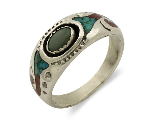 Navajo Handmade Ring 925 Silver Blue Turquoise & Coral Native American C.80's