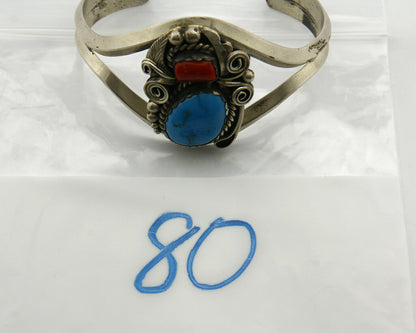Navajo Bracelet .925 Silver Turquoise & Coral Signed Justin Morris C.80's