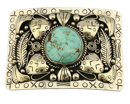 Navajo Belt Buckle .999 Nickle Silver Morenci Turquoise Native Artist C.80's
